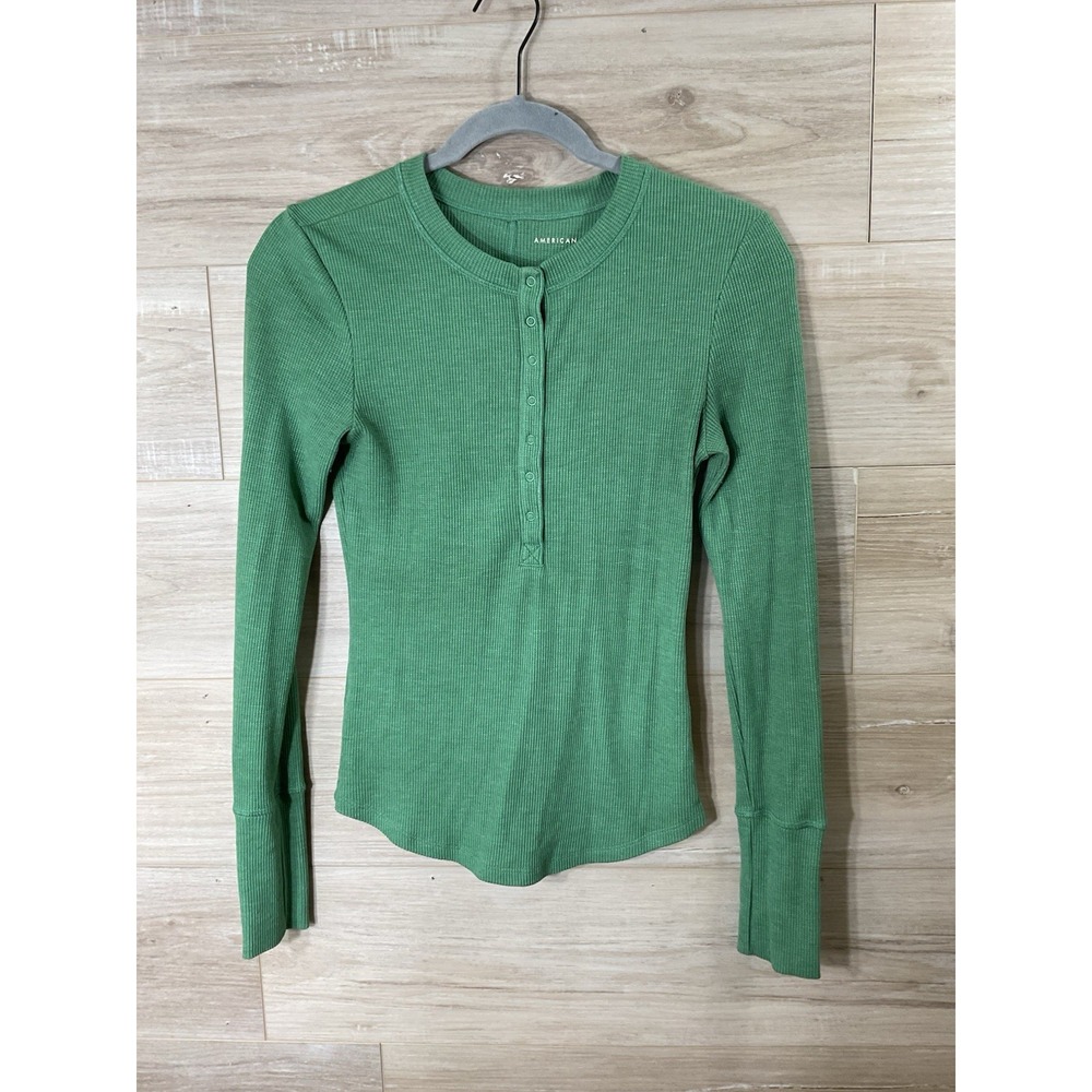 Women's American Eagle Green Henley Shirt Sz Small Button Front Gorpcore Thermal